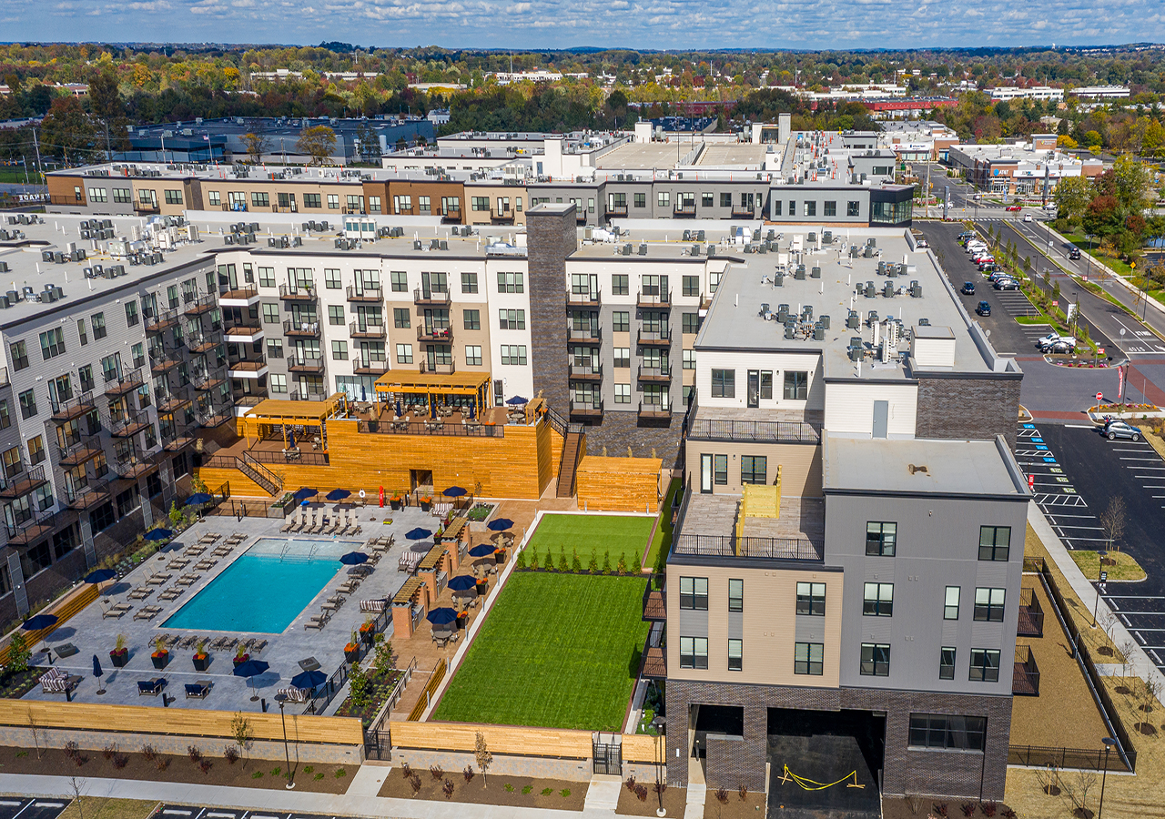 An aerial view of the apartments and pool at the Promenade at Upper Dublin.