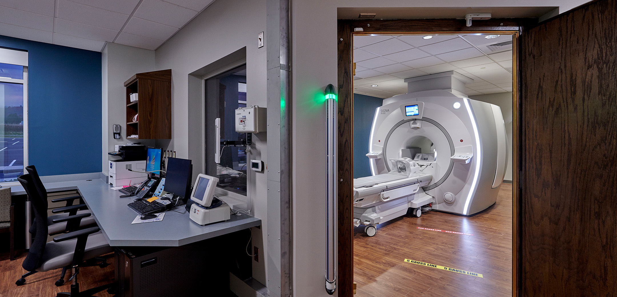 An interior view of St, Luke's Carbon County hospital showcasing the MRI room and outside monitoring and control room.