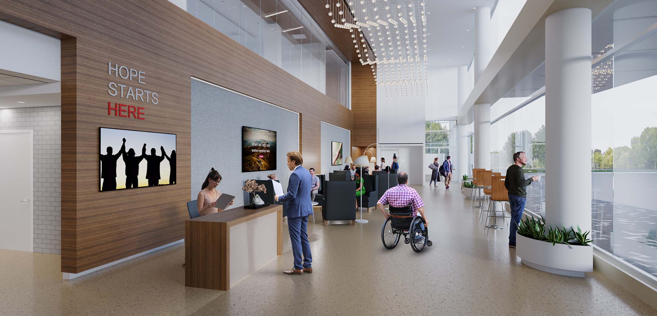 An interior render of the Good Shephard Rehab lobby and waiting area showcasing the wooden accents and glass windows looking outside.