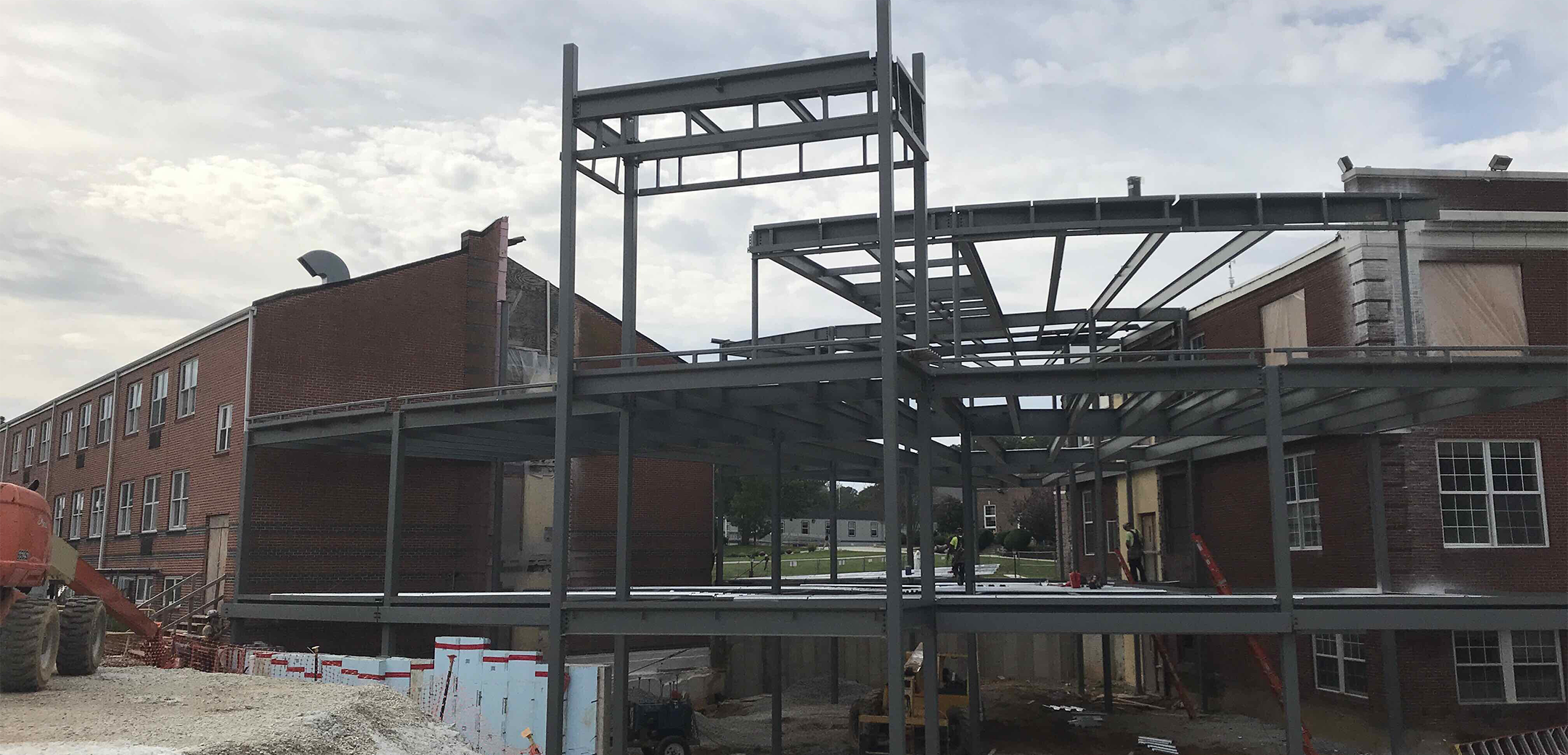 Malvern Prep school building during framework building, showcasing the metal beam barebones structure.