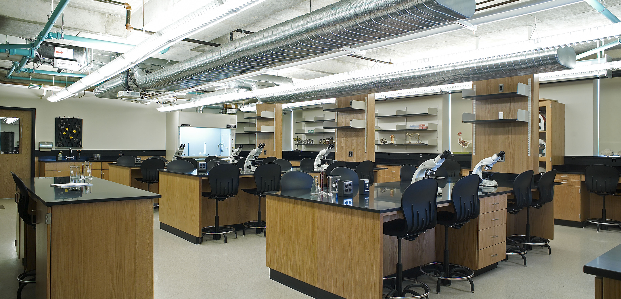 An interior view of the Merner Pfeiffer Hall of Science lab showcasing the workbenches, microscopes and industrial style ceiling.