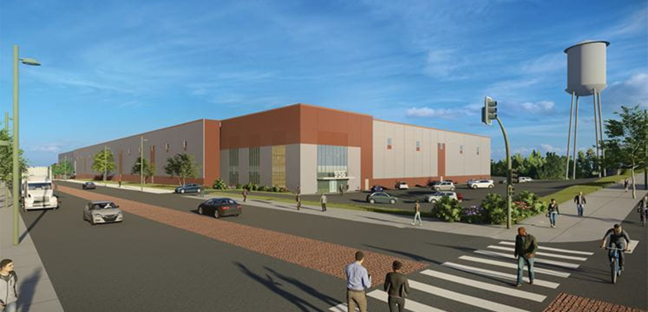 An exterior rendering of the 956 East Earie warehouse building, showcasing the length, large parking lot and main street with a crosswalk in the foreground.
