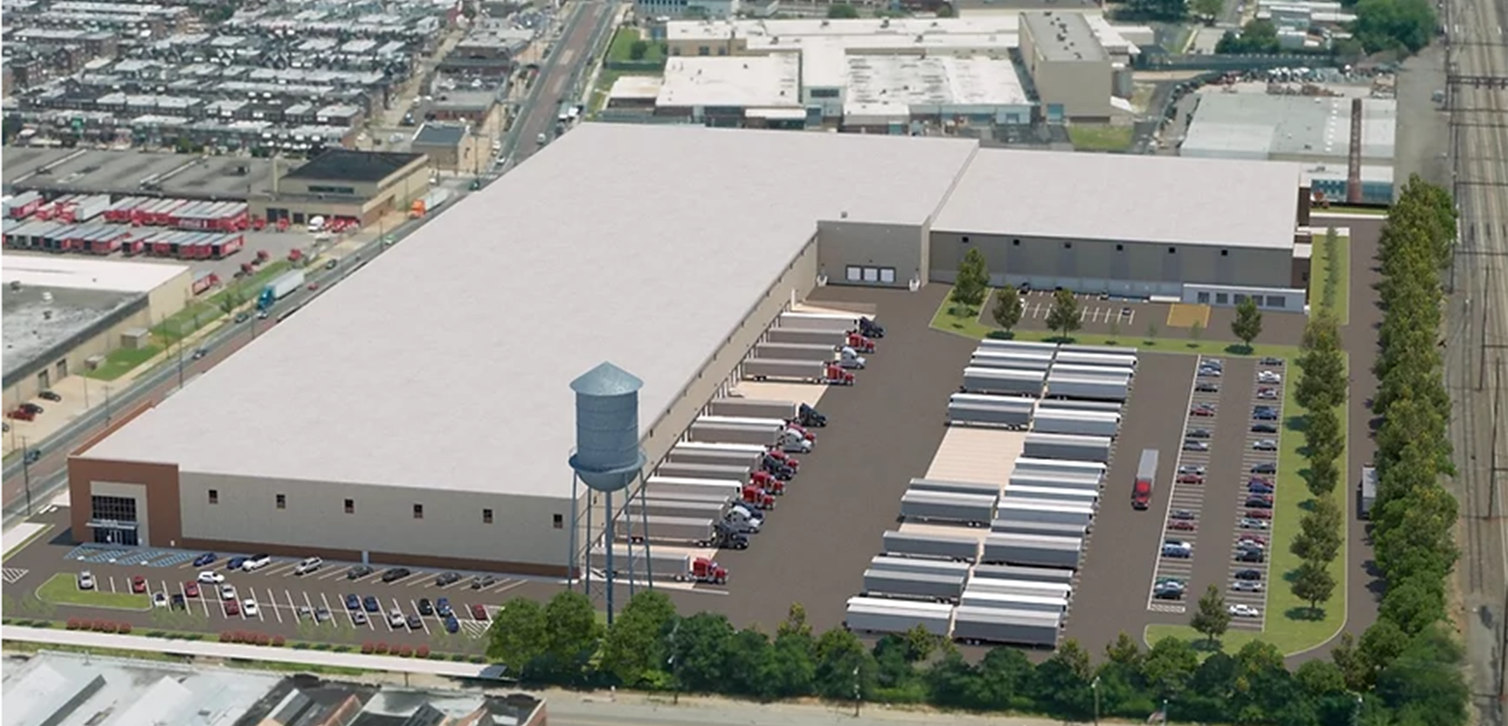 An aerial render of the 956 East Earie warehouse, showcasing the large layout, parking lot filled with trucks placed into the environment.