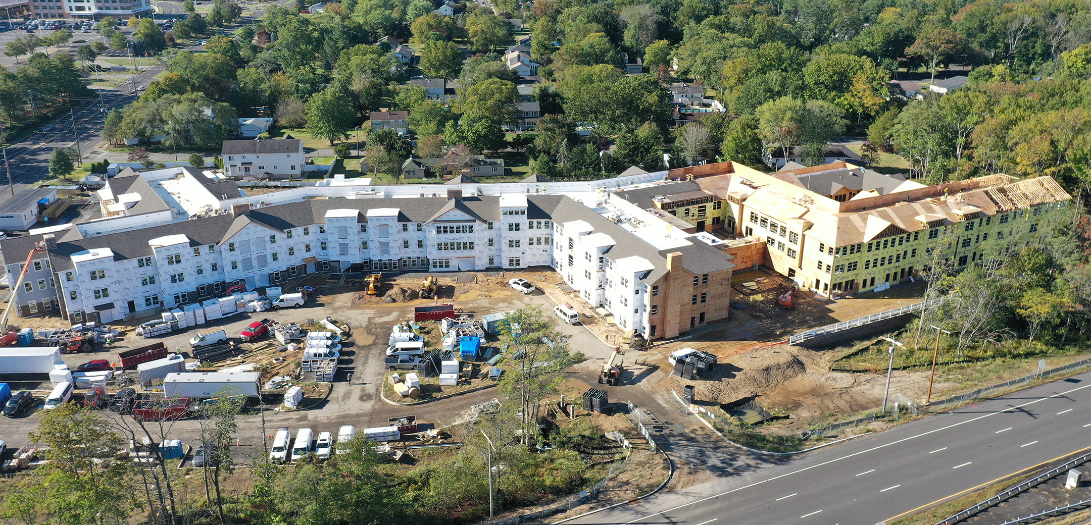 An aerial view of the active construction site of Brightview Eatontown Senior Living