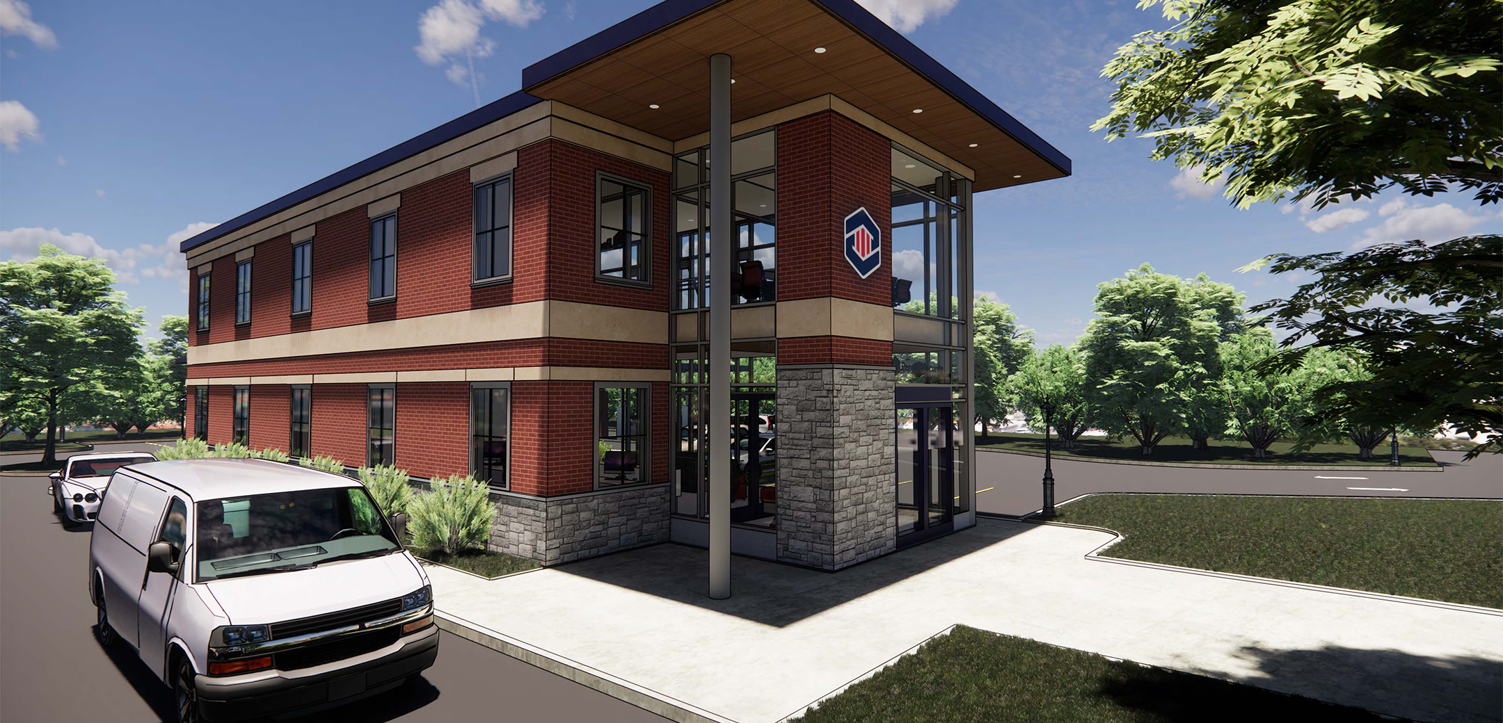 A rendering of the Peoples Security two story brick and stone building, showcasing the floor to ceiling glass wall accents, front parking lot and driveway wrapping around the building.