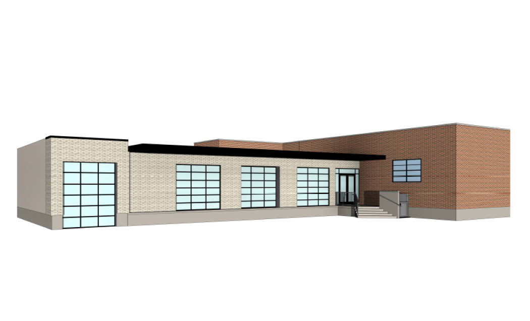 The rendering of the exterior of the 108 Wayne Ave gray brick single story building with large glass windows, front entrance and large front parking lot.