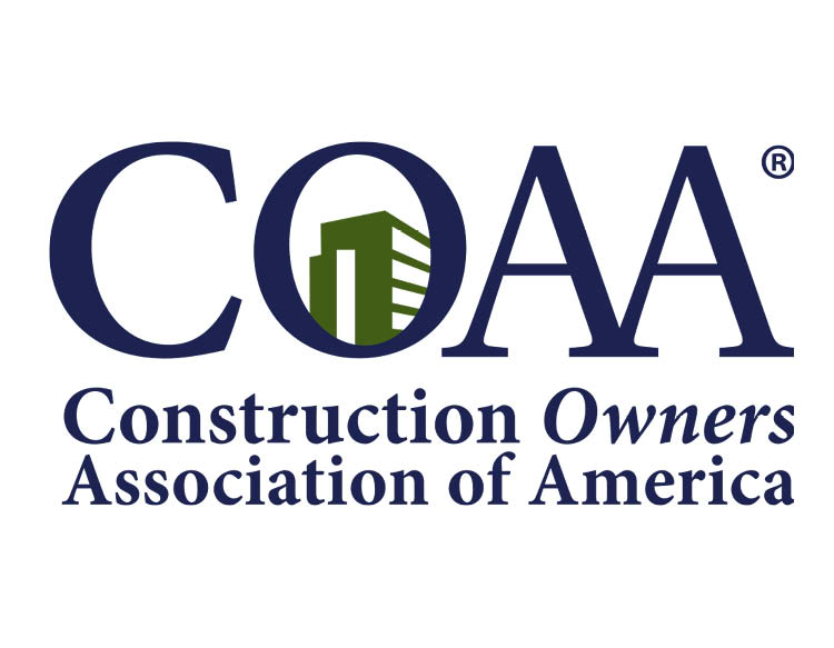 The logo of COAA showcasing their ``Construction Owners Association of America`` signage and a green building vector outline inside of the large ``O`` in ``COAA``