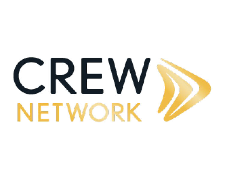 The logo of Crew Network, showcasing their black and gold signage and continuous line making an arrow head.