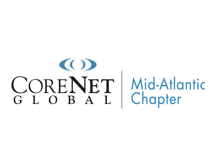The logo of CoreNet showcasing their signage ``CoreNet Global`` and ``Mid-Atlantic Chapter`` in blue next to it, with a oculus eye like pattern above the ``N``.