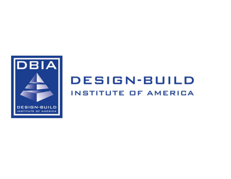 The logo of DBIA showcasing a blue square with a layered pyramid in it and ``Design - Build Institute of America`` signage below the pyramid and on the side.