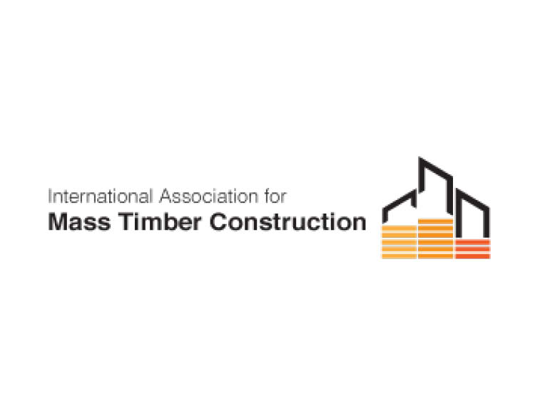 The logo of IAMTC showcasing the ``International Association for Mass Timber Construction`` signage and an orange/red stacked rectangles as the foundation for their building logo silhouette.