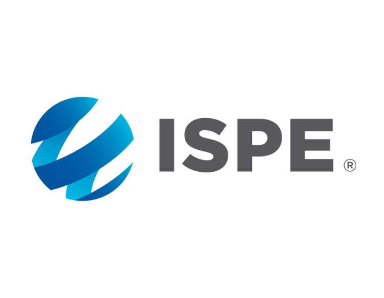The logo of ISPE showcasing a blue circle having a spiral shape carved out of it and the ``ISPE`` signage next to it.