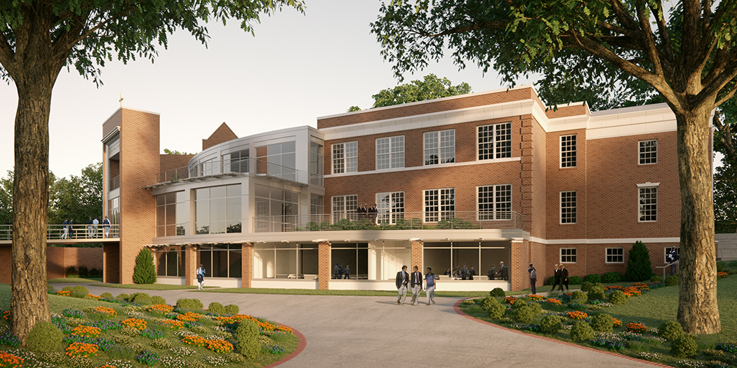 A rendering of the front view of Malvern Prep Center for Social Impact with a brick facade and glass arboretum.