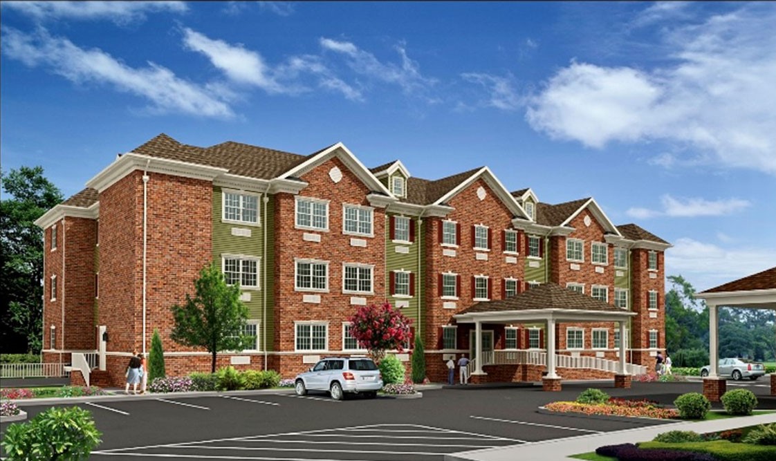 A rendering of the exterior brick building of Chelsea at Fair Lawn