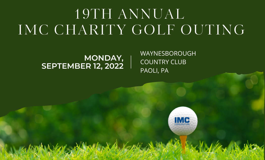 A green graphic with a golf ball on top of tee with grass in the background with text above that says, "19th Annual IMC Charity Golf Outing"