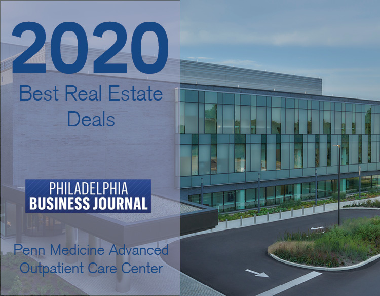 An awards graphic featuring the 2020 Best Real Estate Deals, PBJ logo placed on a half white tinted image of Penn Medicine Advanced Outpatient Care Center.