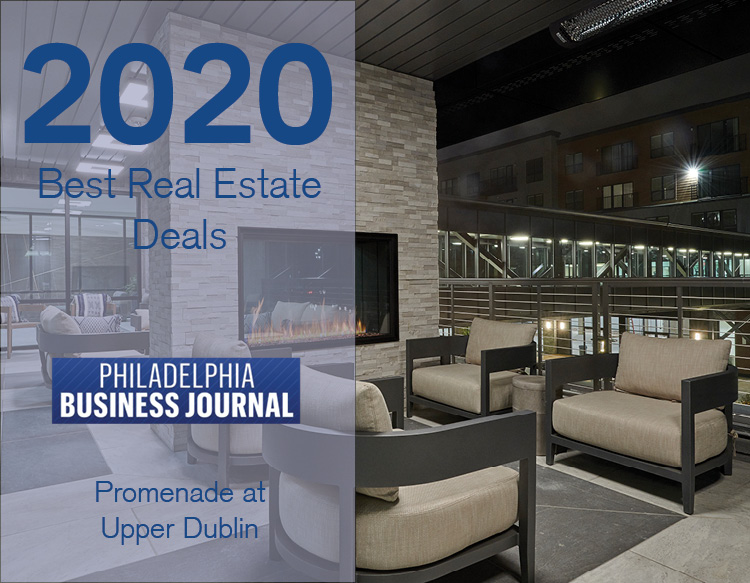 An awards graphic featuring the 2020 Best Real Estate Deals signage, PBJ logo placed on a half white tinted image of Promenade at Upper Dublin.