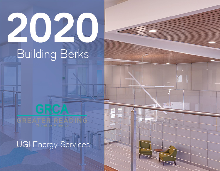 An awards graphic featuring the 2020 Building Berks signage, GRCA logo placed on a half blue tint image of UGI Energy Services.