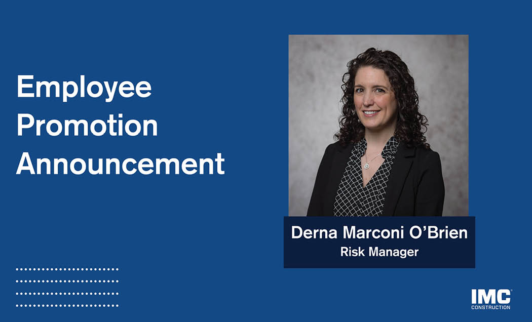 A blue graphic with the words, ``Employee Promotion Announcement`` and the headshot of Derna Marconi O`Brien with her new title Risk Manager below it
