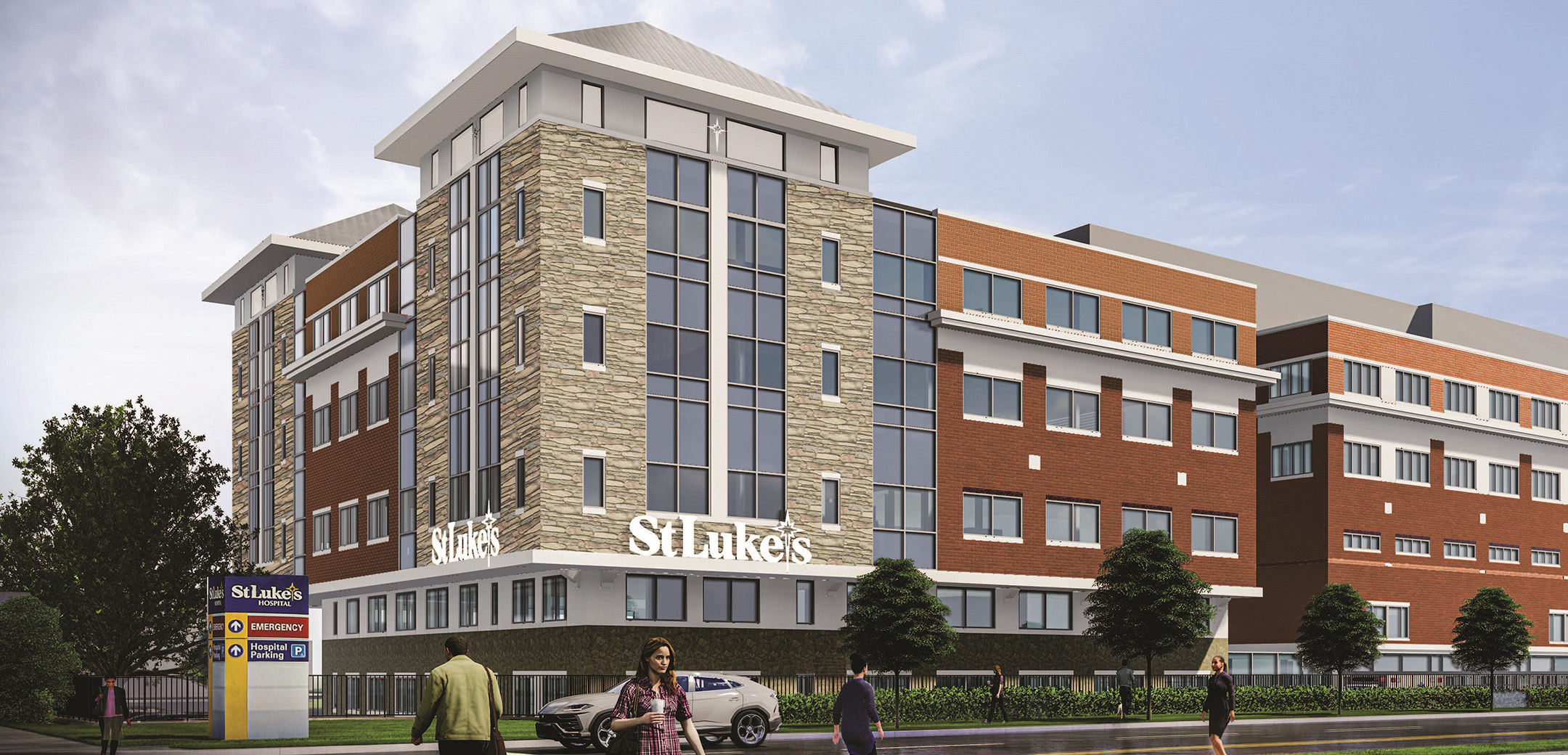 A rendering of St. Luke's University Health Network Mother's and Baby Tower Showcasing the tan and red brick exterior of the facility with windows
