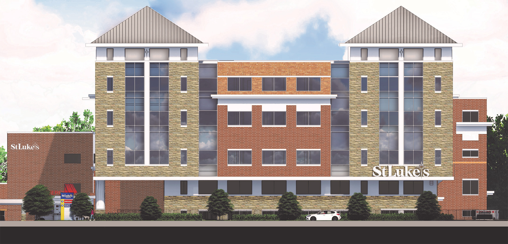 The side view of a rendering of St. Luke's University Health Network's Mother's and Baby Tower Pavilion showcasing the red and tan brick exterior