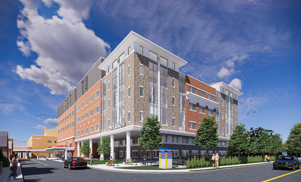 The rendering of the brick Mother's and Babies Tower for St. Luke's University Health Network connected to another building on the Allentown campus