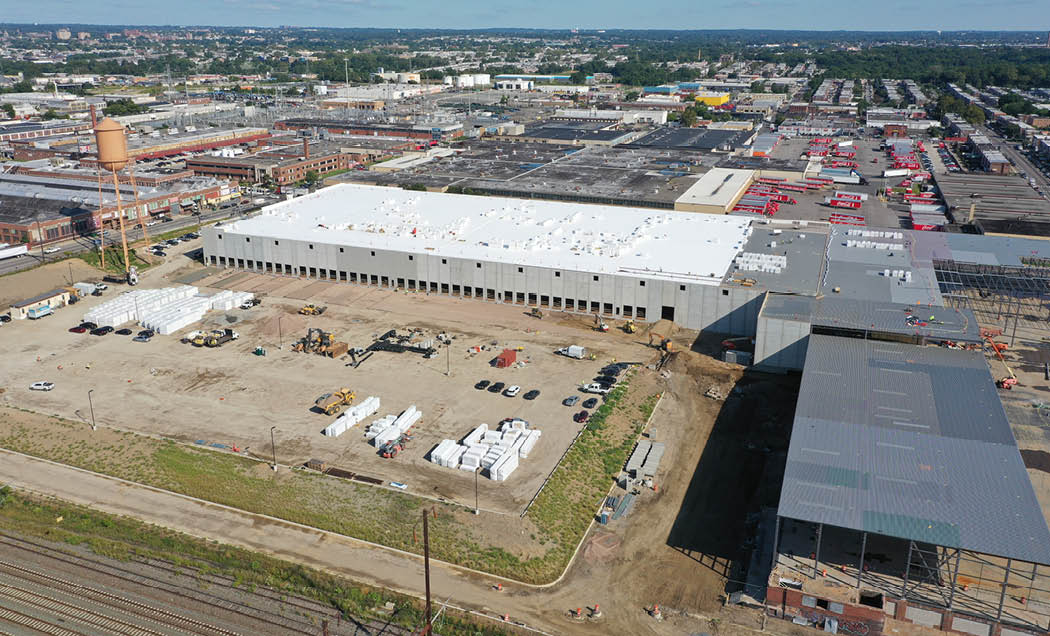 An aerial view of the active construction site of Crown 95 Logistics Center in Philadelphia, PA