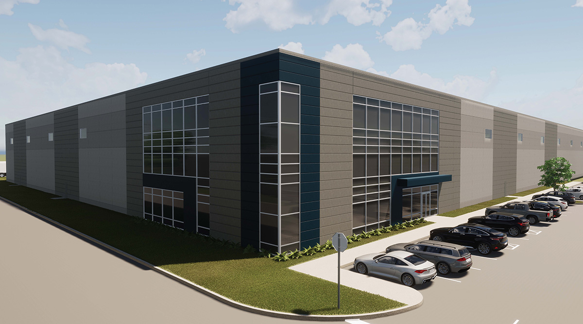A rendering of Bridgeport II Industrial distribution center featuring tan and navy brick exterior walls and windows on parts of the building
