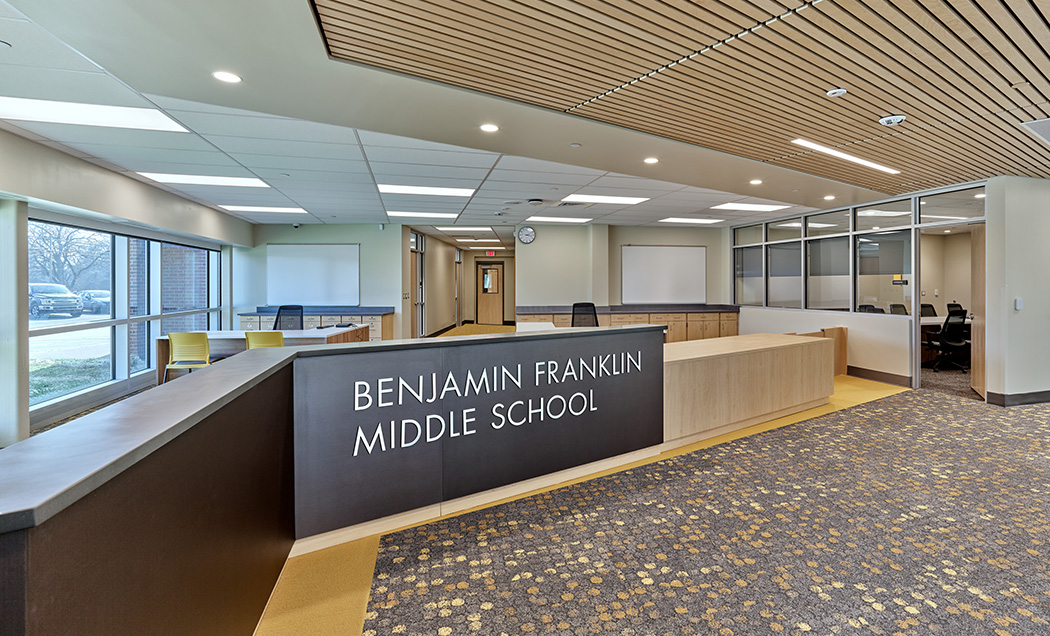 The interior of Ben Franklin Middle School featuring the school's name plate